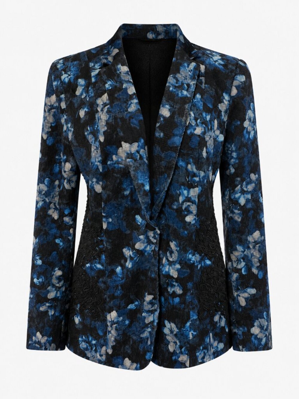 Tahari Blue Floral Textured Blazer Black Lace Tailored Dark Cottagecore Jacket M